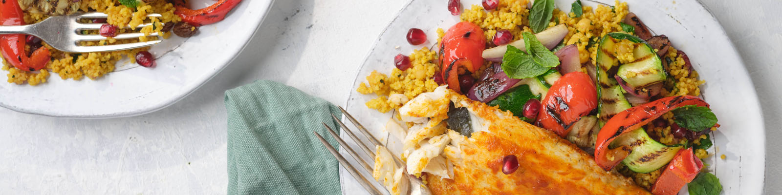 Moroccan Spiced Sea Bass with Grilled Vegetable Couscous & Pomegranate
